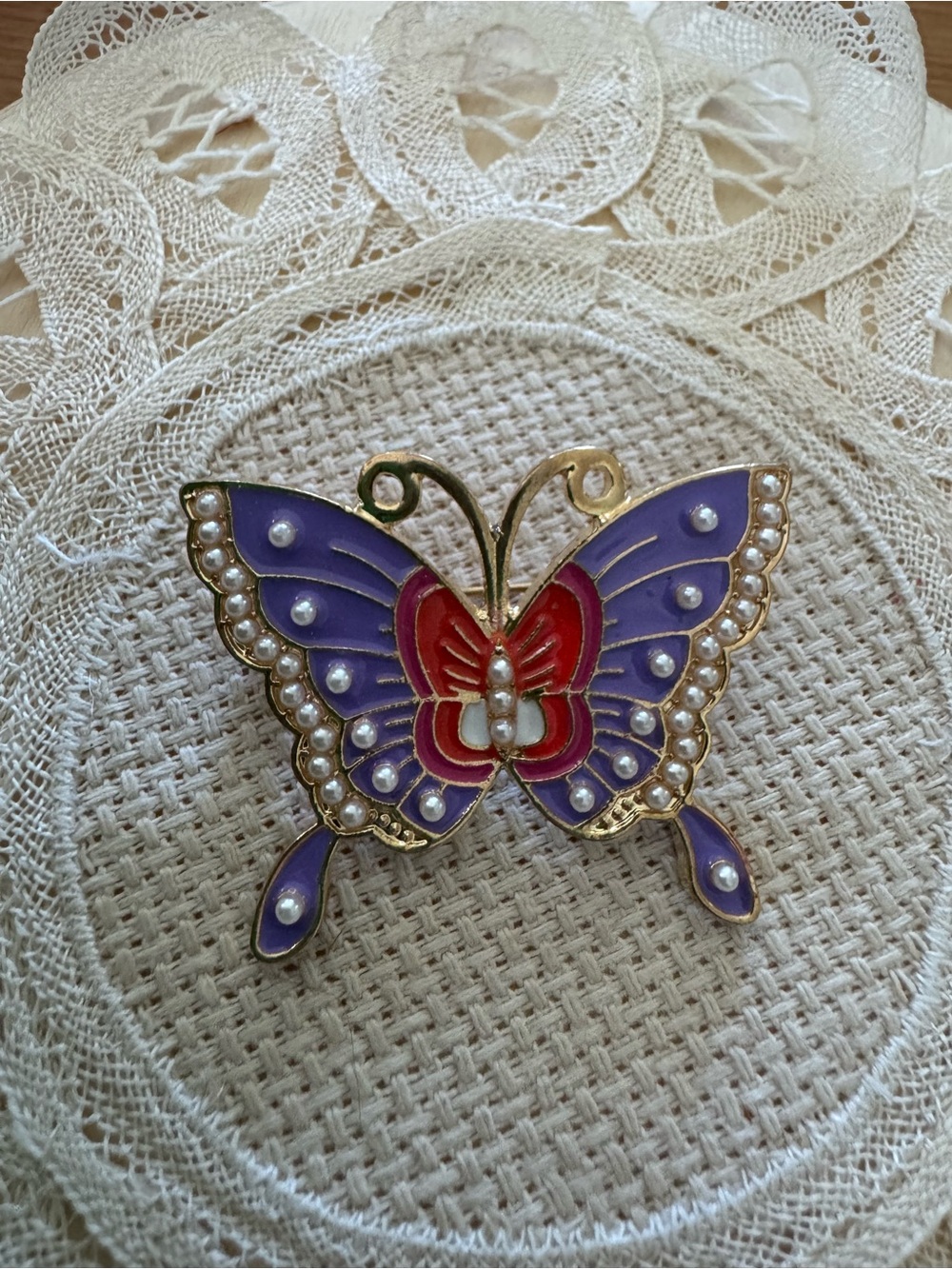 Purple and Red Butterfly Brooch with Faux Pearls